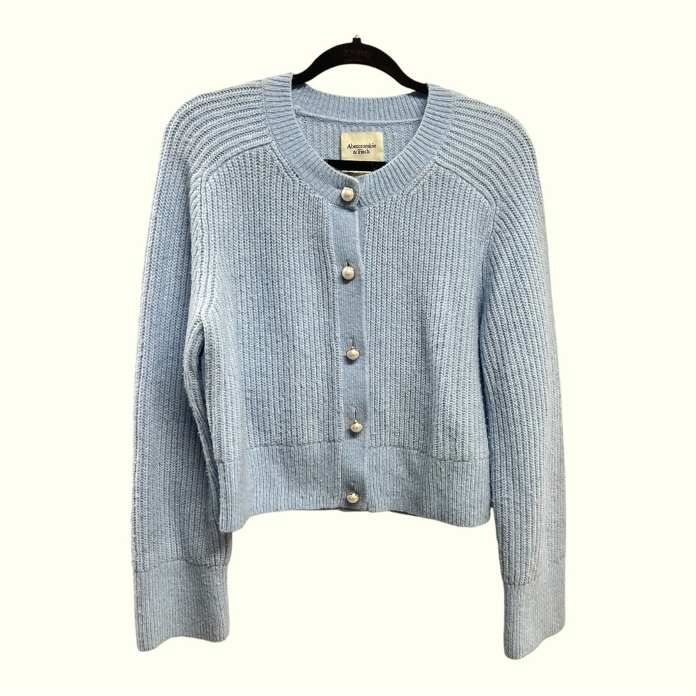 Abercrombie‎ & Fitch Pale Blue Pearl Button Knit Cardigan Classy Large - Picture 2 of 6